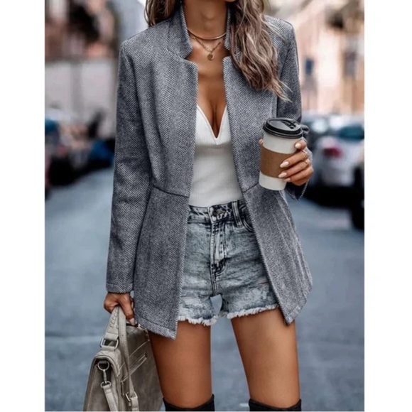 Classic Charcoal Herringbone Blazer Jacket Coat - Picture 8 of 8